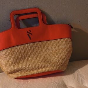 Orange and Tan Tote Bag with Natural Woven Texture
